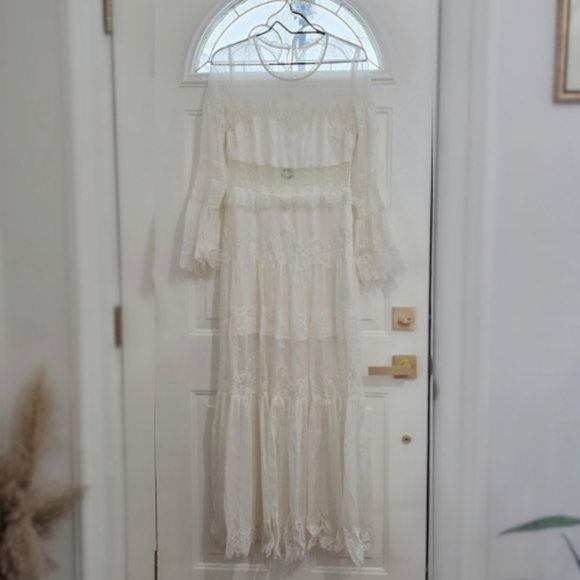 LoveShackFancy Rosney Sheer Ivory Lace Long Sleeve Dress - Picture 4 of 8